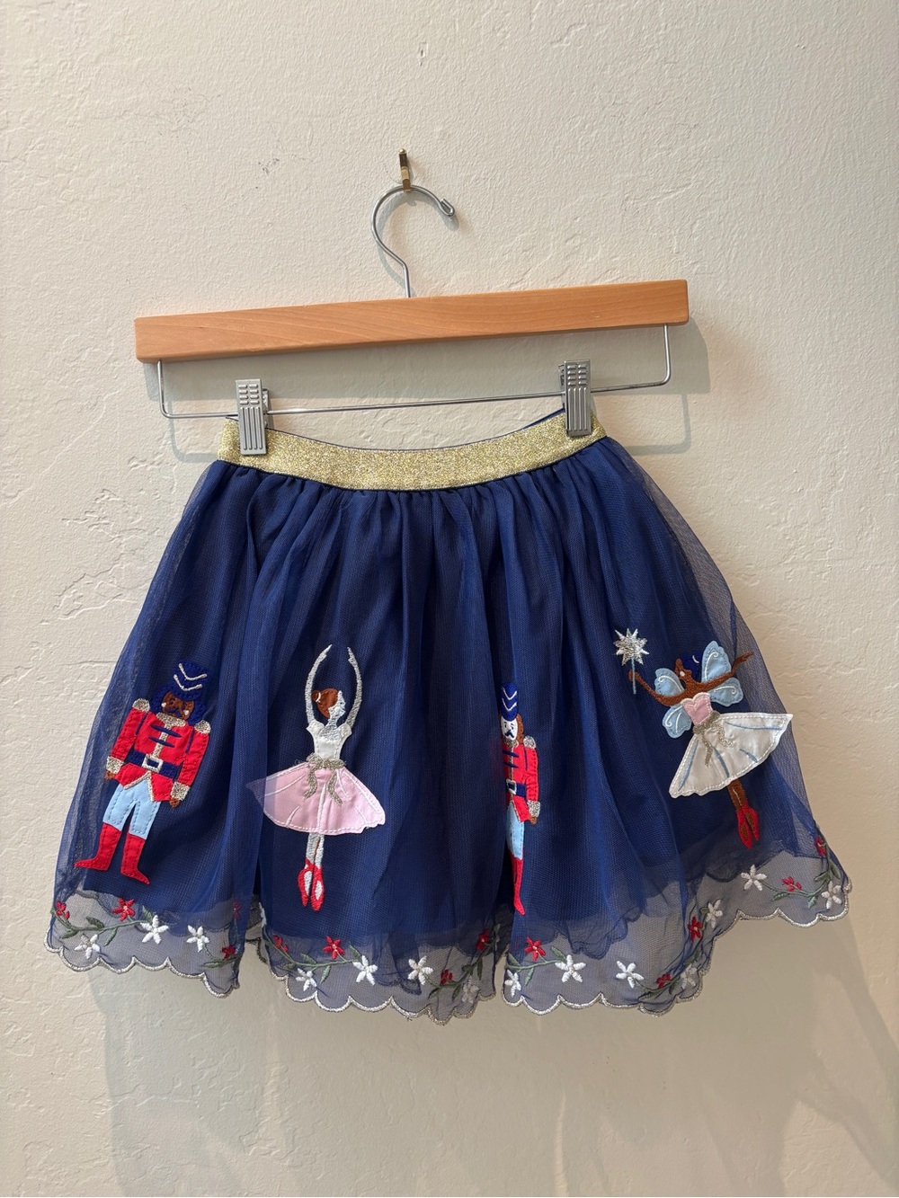Mini Boden Girls Navy Nutcracker Tulle Skirt with Gold Waistband 6-7